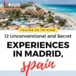 The beach in Madrid with beautiful white sand, blue water and waves are in the photos. There are some resorts, buildings and tall trees near it.