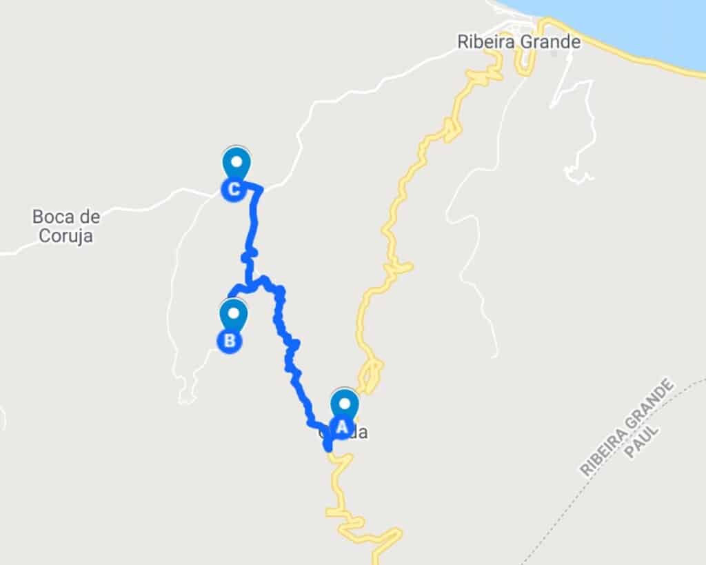 a google map screenshot of hiking corda to coculi trail santo antao with pins and route