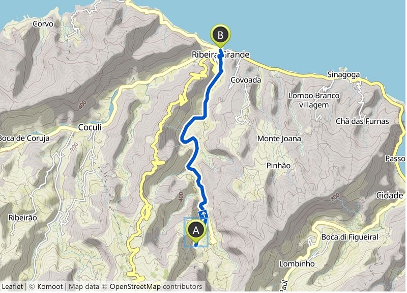 a map with the trail from xoxo village hiking lombo pico