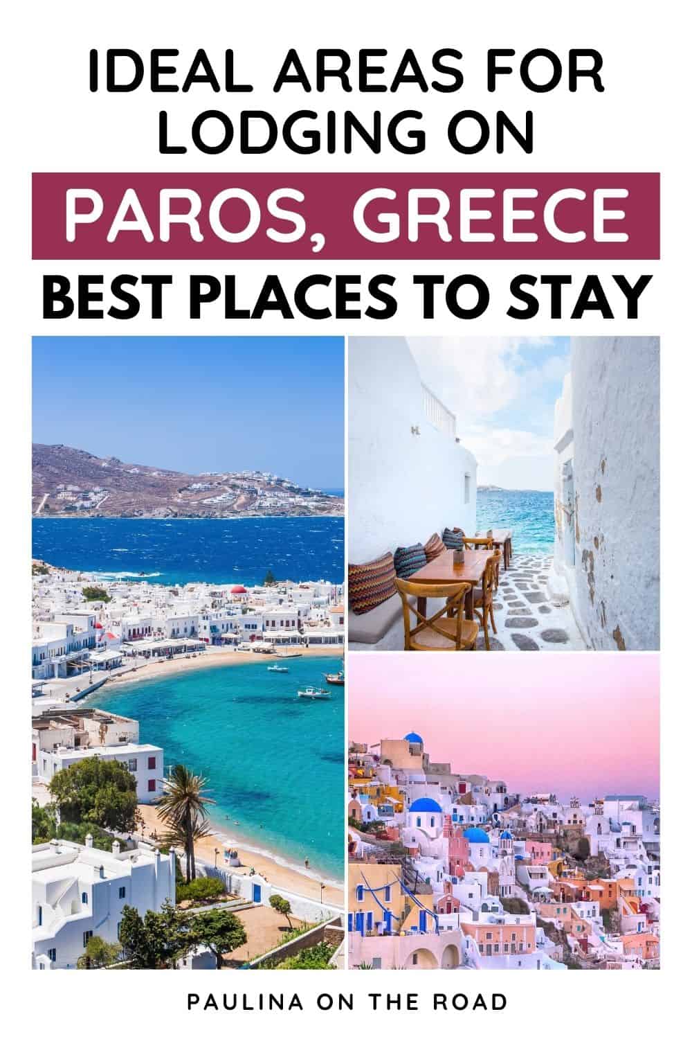 The three photos in a collage show the famous architecture of Greece which is white washed and some blue ceilings. The beach can be seen on the left photo which is beautifully blue and clear.