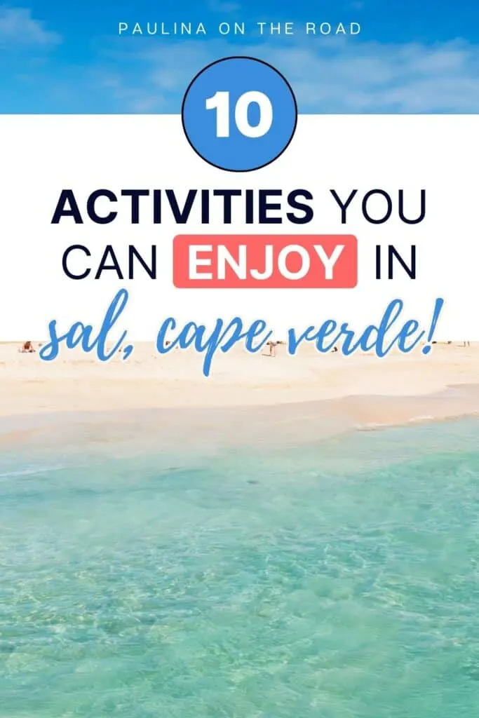 things to do in sal The picture shows a beach with a very clear torquoise water and white sand. It is on a sunny bright day.