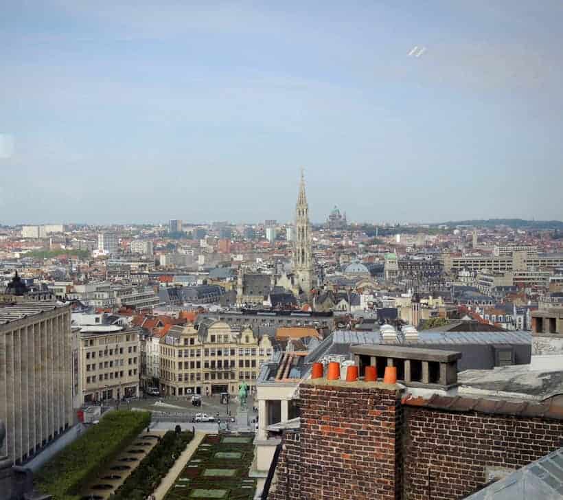 Where to Eat Traditional Belgian Food in Brussels, aerial view over Brussels with view of the Grand Place from the restaurant Museum of Musical Instruments