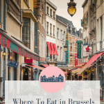 Pin with image of market street in Brussels with text reading "Where to eat in Brussels"