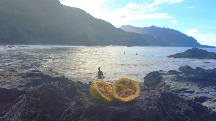 view on the beach of santo antao, cabo verde, tpical fruits from cabo verde, cape verde food