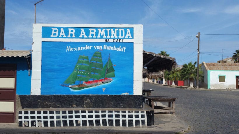 Discover what to do in Sal Cape Verde, colourful painted sign for Bar Arminda Ha Cafe showing old ship with large sails under the name Alexander von Humboldt