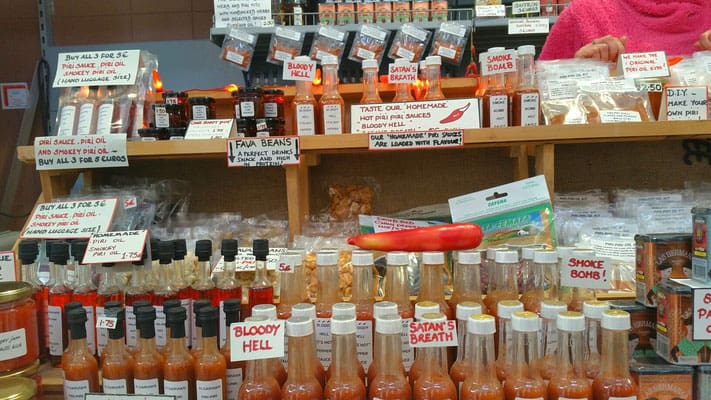 winter acitivities in faro, hot sauces with funny names on display