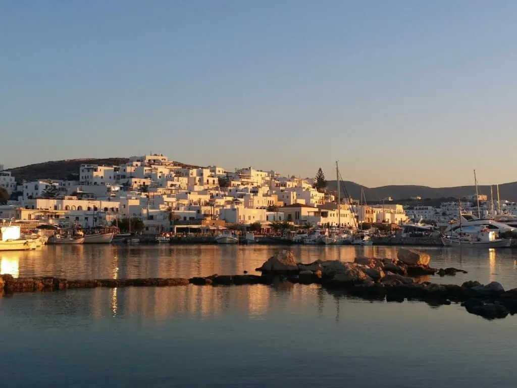 activities in paros island, sunset over the seaside town of Naoussa