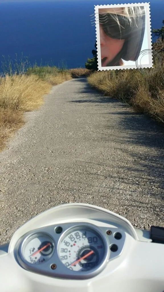 top things to do paros greece, scooter spedometer with image of person with sunglasses shaped like stamp in corner