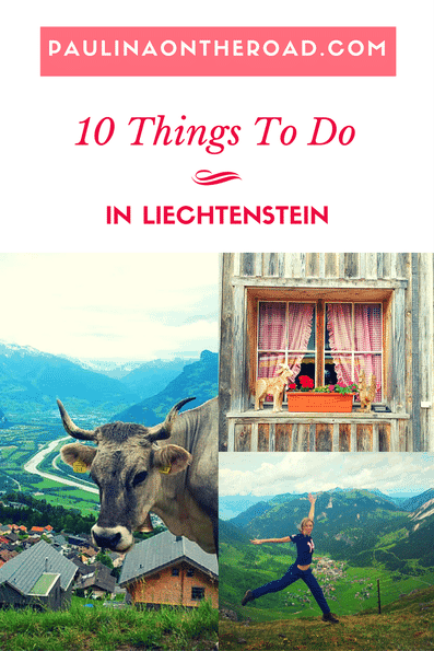 a collection of picutres from liechtenstein with a cow, a traditional house and hiking blogger