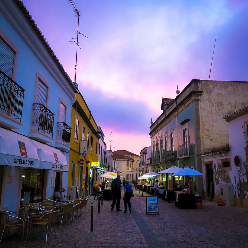 what to see in algarve, street in tavira at sunset