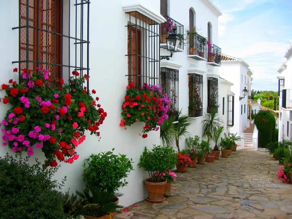 beautiful places in marbella, a street in the old town of marbella lined with flowers