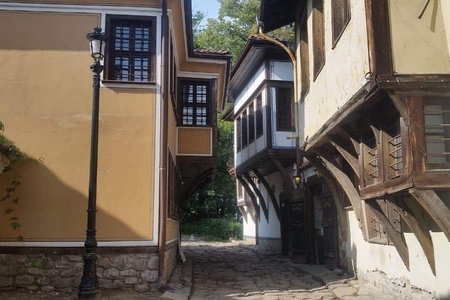 what to do in plovdiv, street in plovdiv bulgaria, travel tips, cultural capital 2019 narrow street in old town plovdiv revival house bulgaria