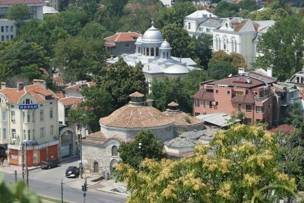 what to do in plovdiv, street in plovdiv bulgaria, travel tips, roman theatre, church, events church in plovdiv bulgaria from hill