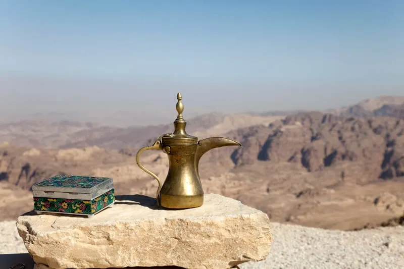Coffee pot with view over the Petra area in Jordan, things to do in amman, jordanian coffee