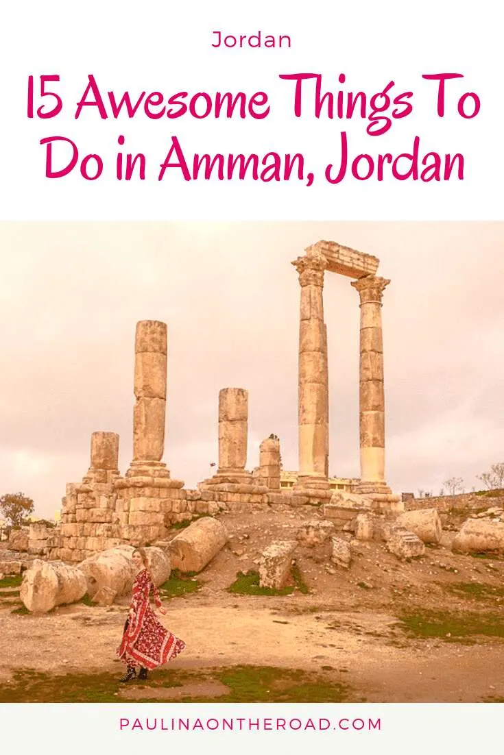 pin with a girl in front of the roman temple ruins in amman citadel, jordan