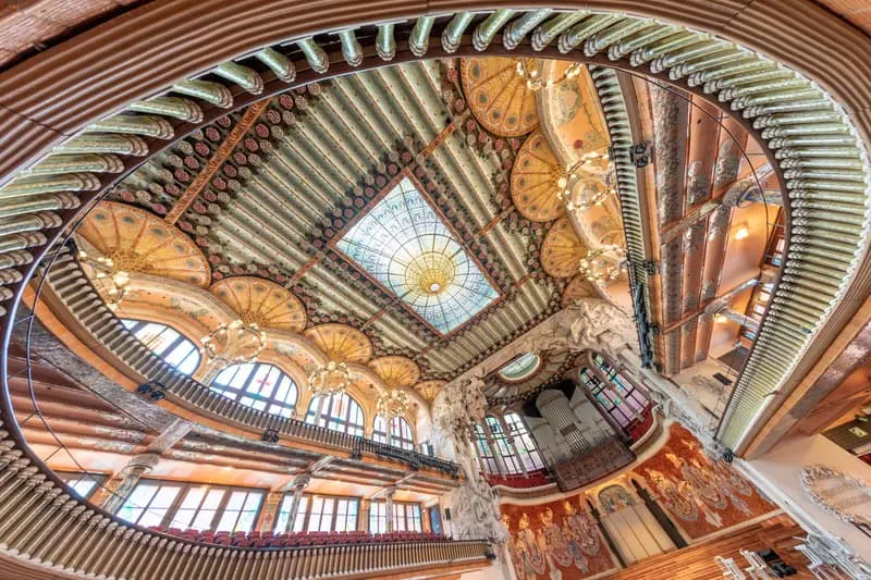 famous architecture in barcelona, the ceiling of the Catalan Music Palace