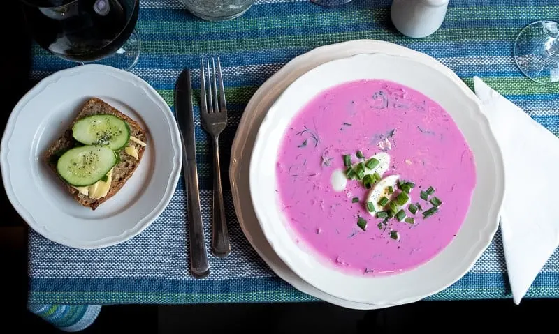 polish food near bialowieża forest, cold pink beetroot soup in poland