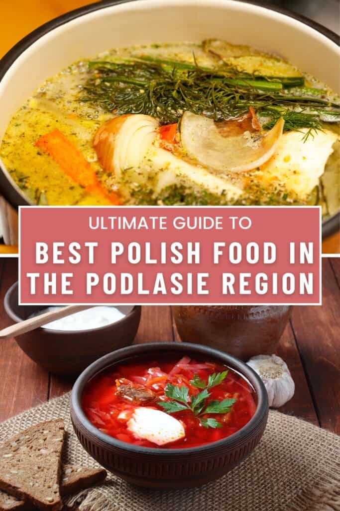 Best Polish Food a pot of soup with vegetables and herbs in it; Pink soup with garnish on a black bowl on a placemat with bread on the side