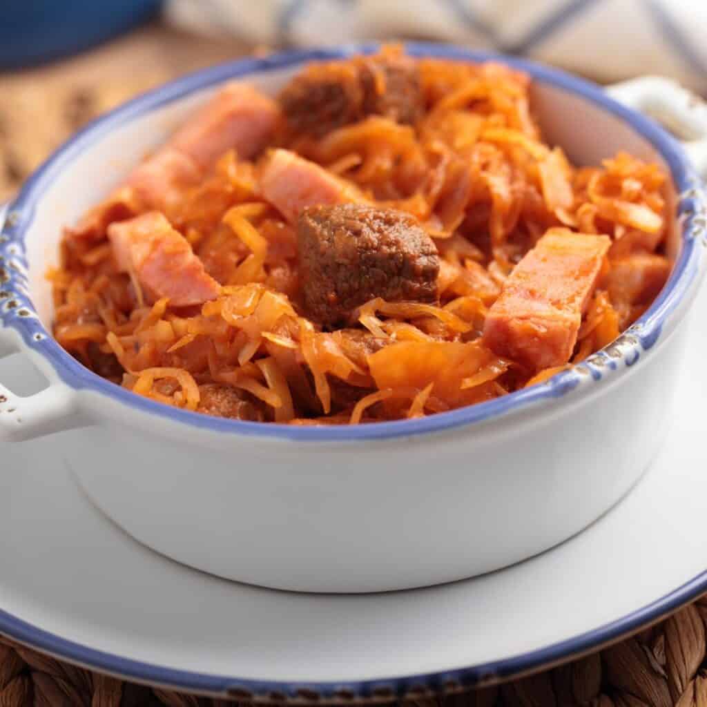 Best Polish Food Bigos, a traditional Polish stew of cabbage and meat with reddish color on a bowl