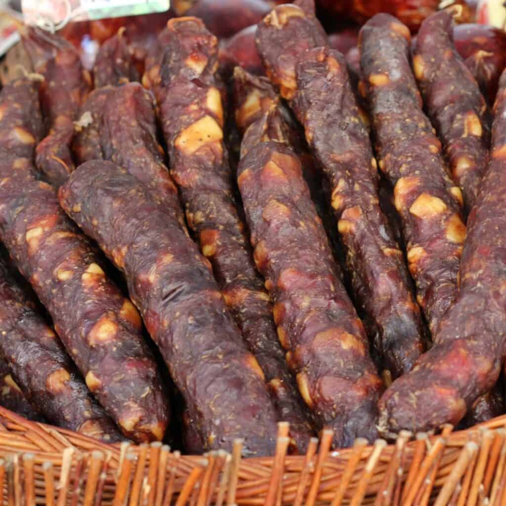 Best Polish Food A traditional smoked sausage on a basket