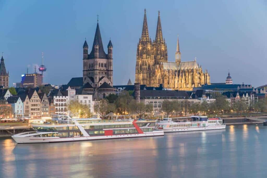 view on cologne over the rhine river by night