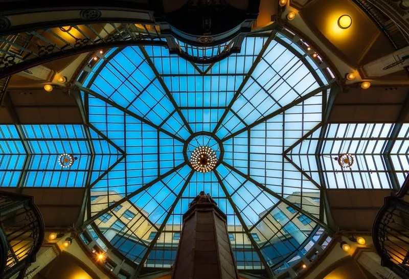 milwaukee in the winter, worm's eyeview of the ceiling of an Atrium of a shopping mall in Milwaukee