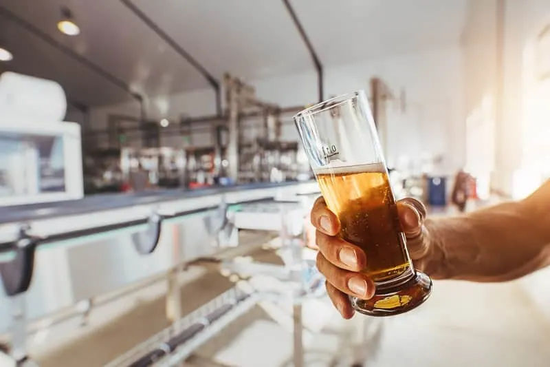 Don't miss these Wisconsin microbreweries, hand holding a sample glass of beer with a long modern bar and barstools behind and a view into the brewery beyond