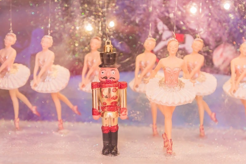 winter in Wisconsin, Christmas nutcracker toy soldier and balerina dolls on the stage. Famous Russian Ballet installation.