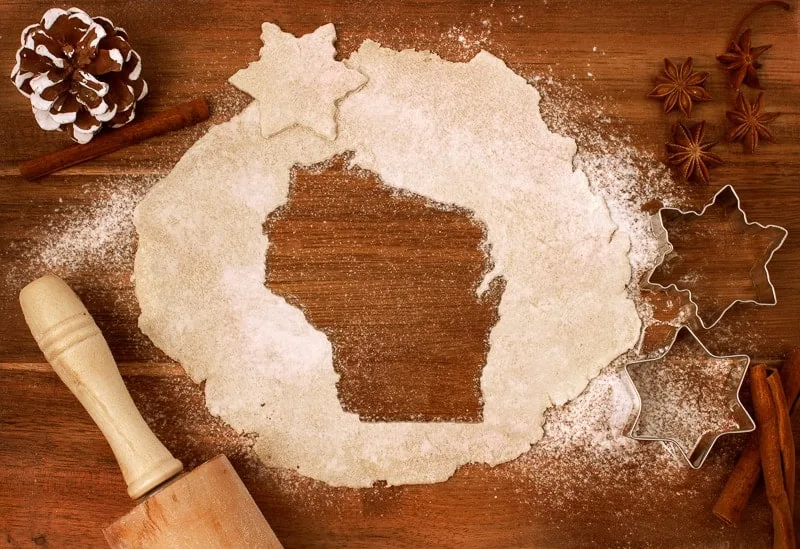 wisconsin winter attractions, Festive cookie dough with the shape of Wisconsin cut out 