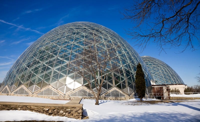 most romantic places in Milwaukee, round glass domes surrounded by snow on the ground