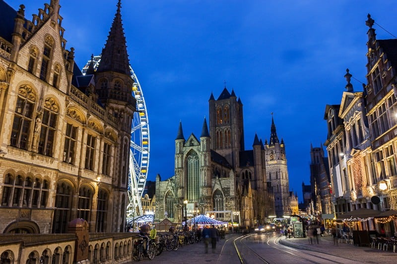 best Christmas markets in the world, Historical centre of Ghent with old post office, Saint-Nicholas Church and Belfry during Christmas