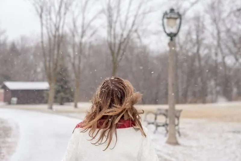 magical milwaukee winter activities outdoors, rear view of woman walking in park in winter with hair blowing in wind and magical snow falling