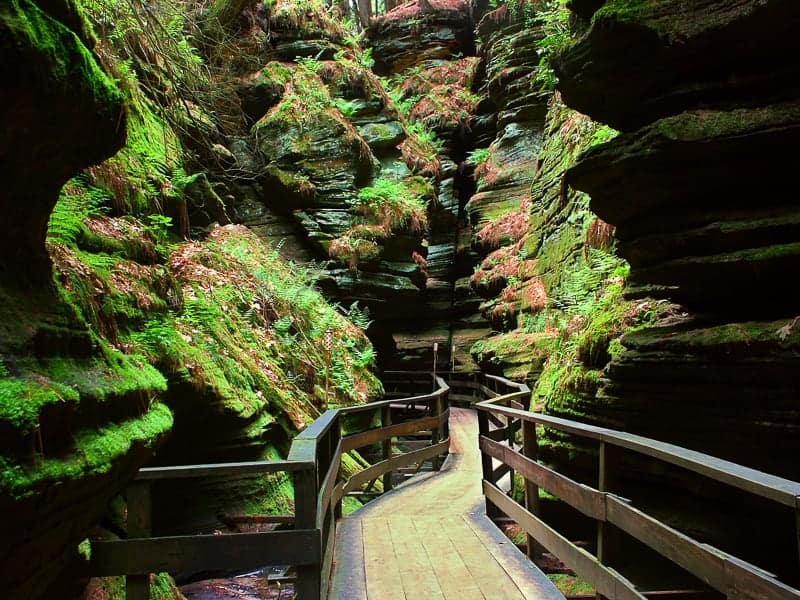 a pathway inside the Witches Gulch, a beautiful slot canyon in the Wisconsin Dells.