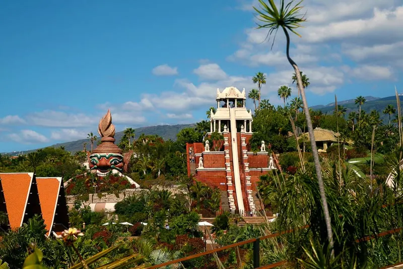 Postcard View from Siam Park, Tenerife, Temple waterslide, things to do in tenerife with kids, family things to do in tenerife, activities