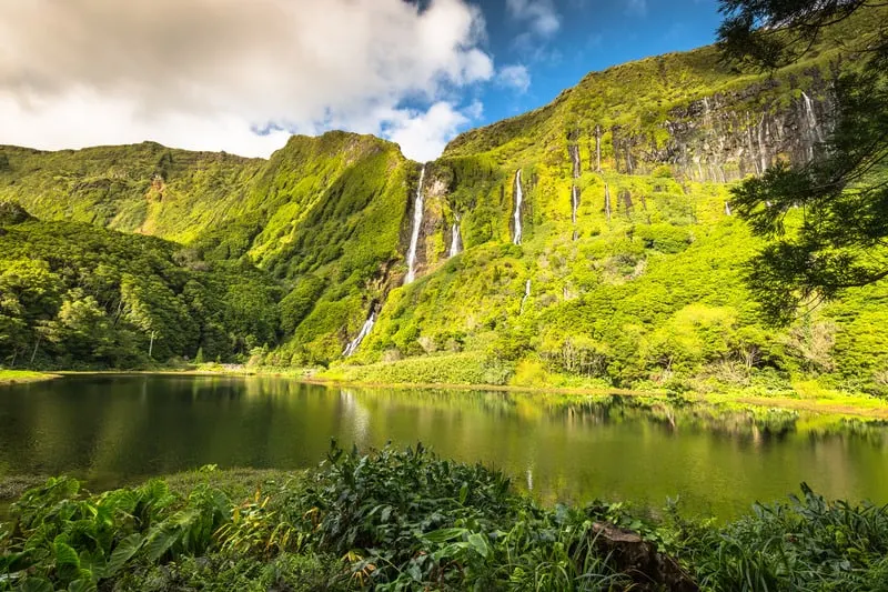 Azores landscape with waterfalls and cliffs in Flores island.