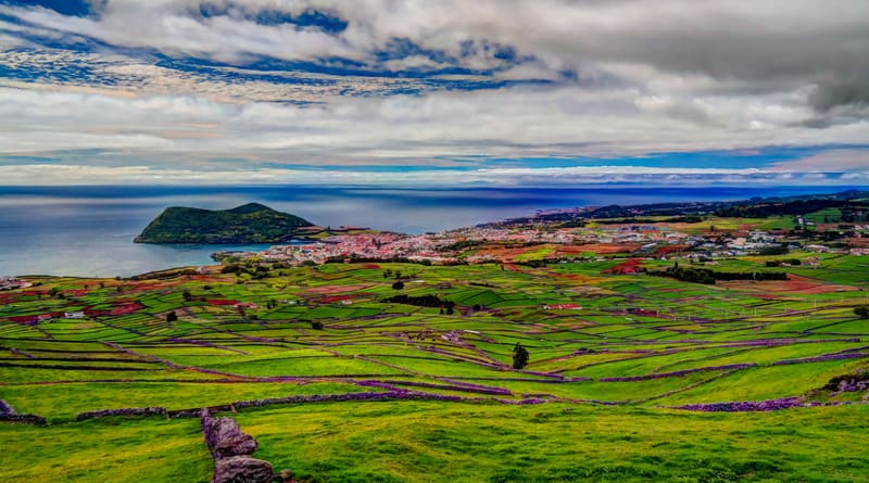 a Landscape with Monte Brasil volcano and Angra do Heroismo in Terceira island, Azores, Portugal during a bright day