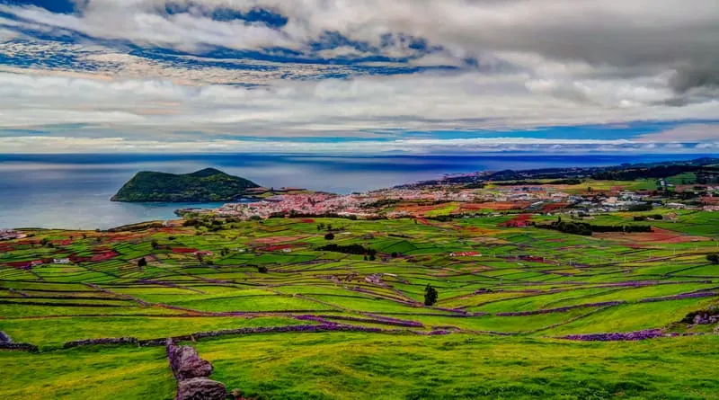 a Landscape with Monte Brasil volcano and Angra do Heroismo in Terceira island, Azores, Portugal during a bright day