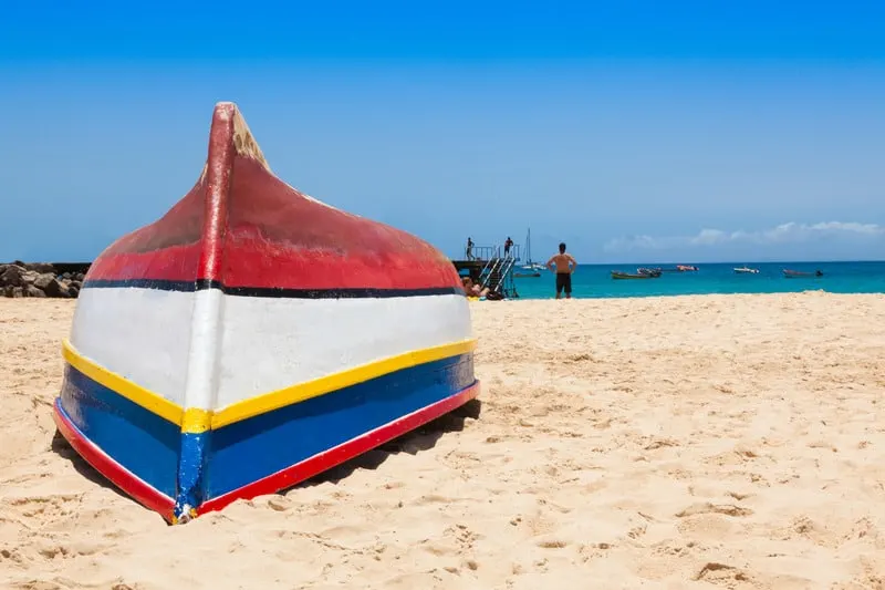 Fisher boat in Santa Maria beach in Sal Cape Verde - Cabo Verde, sal holidays, sal vacation. Best Hotels in Santa Maria, Sal Island