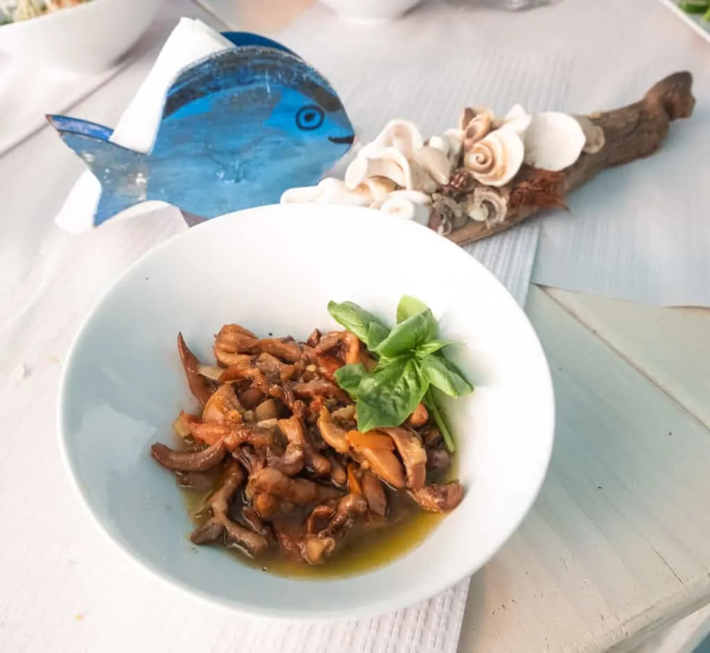 a buzio stew inside a plate with a wooden fish and shell decorations on the table