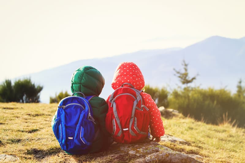 best family vacations in Wisconsin, photo from behind of two kids dressed in coats and wearing back backs and sitting together on a rock looking over a mountain with another mountain in distance