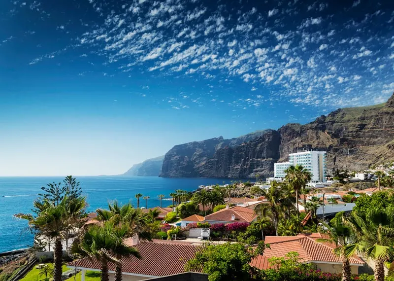 Best Family Hotels in Tenerife, best view of south tenerife with terracotta rooftops mixed in with tall green palm trees leading around the coast towards some tall rocky cliffs all under a wide blue sky