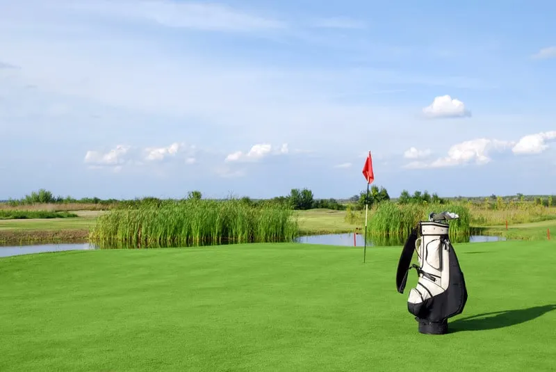 Golf field with flag and golf bag, Environmentally Friendly Golf Courses 