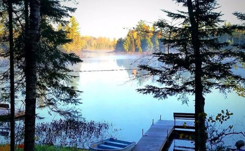 Romantic Cabins in Wisconsin, Morning view from your cabin and with Private Dock and Row Boat
