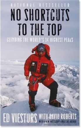 Random House Inc. No Shortcuts To The Top Book Cover with a person on a red suit on top of the himalayas