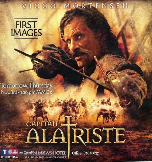 See some Movies set in Spain, Movie poster of Capitan Alatriste with man holding two ornate rapier swords over a frenetic battle scene