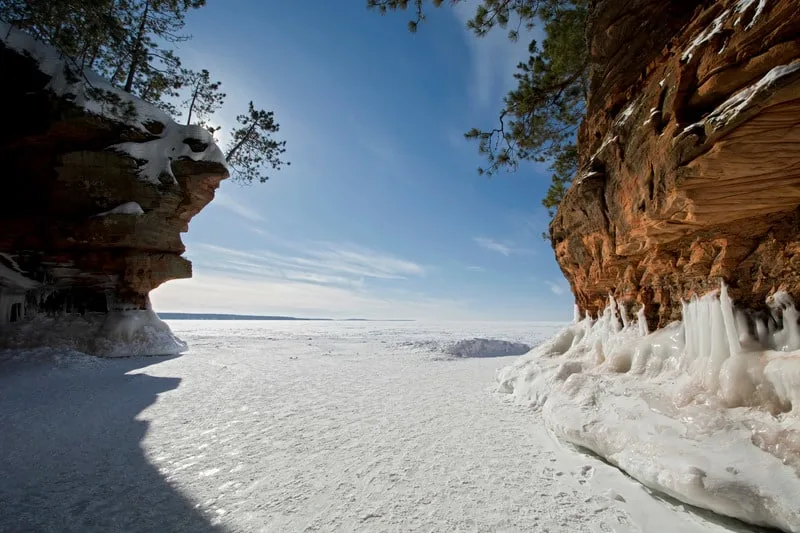 Cool Things to do in Door County, WI, best view of Apostle Islands Ice Caves on frozen Lake Superior, Wisconsin