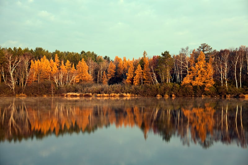 best hiking places in wisconsin, Fall in Tomahawk, Wisconsin. Colorful trees reflected in the lake.