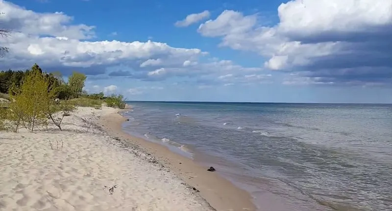 a beach view of Kohler-Andrae State Park on a bright day