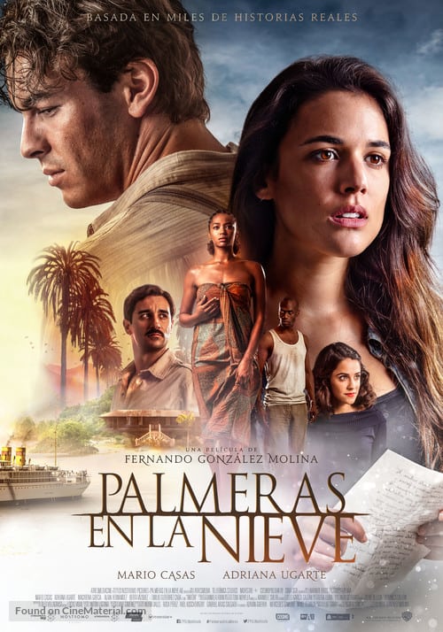 Don't miss the best disney movies set in spain, Movie poster of Palm Trees in the Snow with several people composited together over a tropical river scene with palm trees and a large steam boat