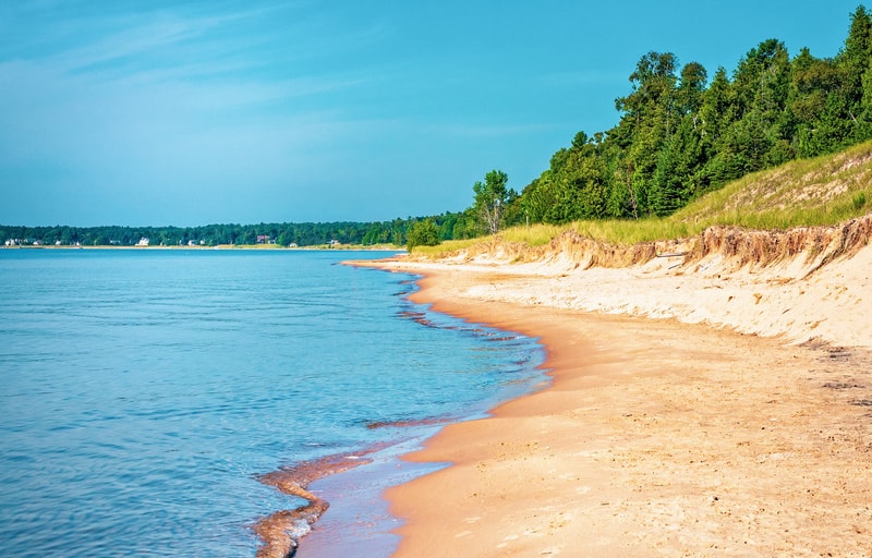 Beach coastline of Lake Michigan with trees on a bright day